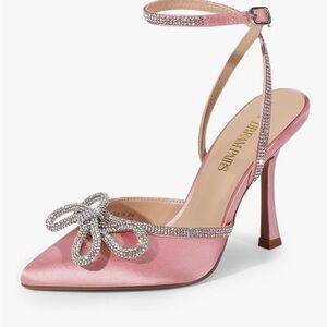 Dream Pairs Pink Satin Heels with Rhinestone Bow